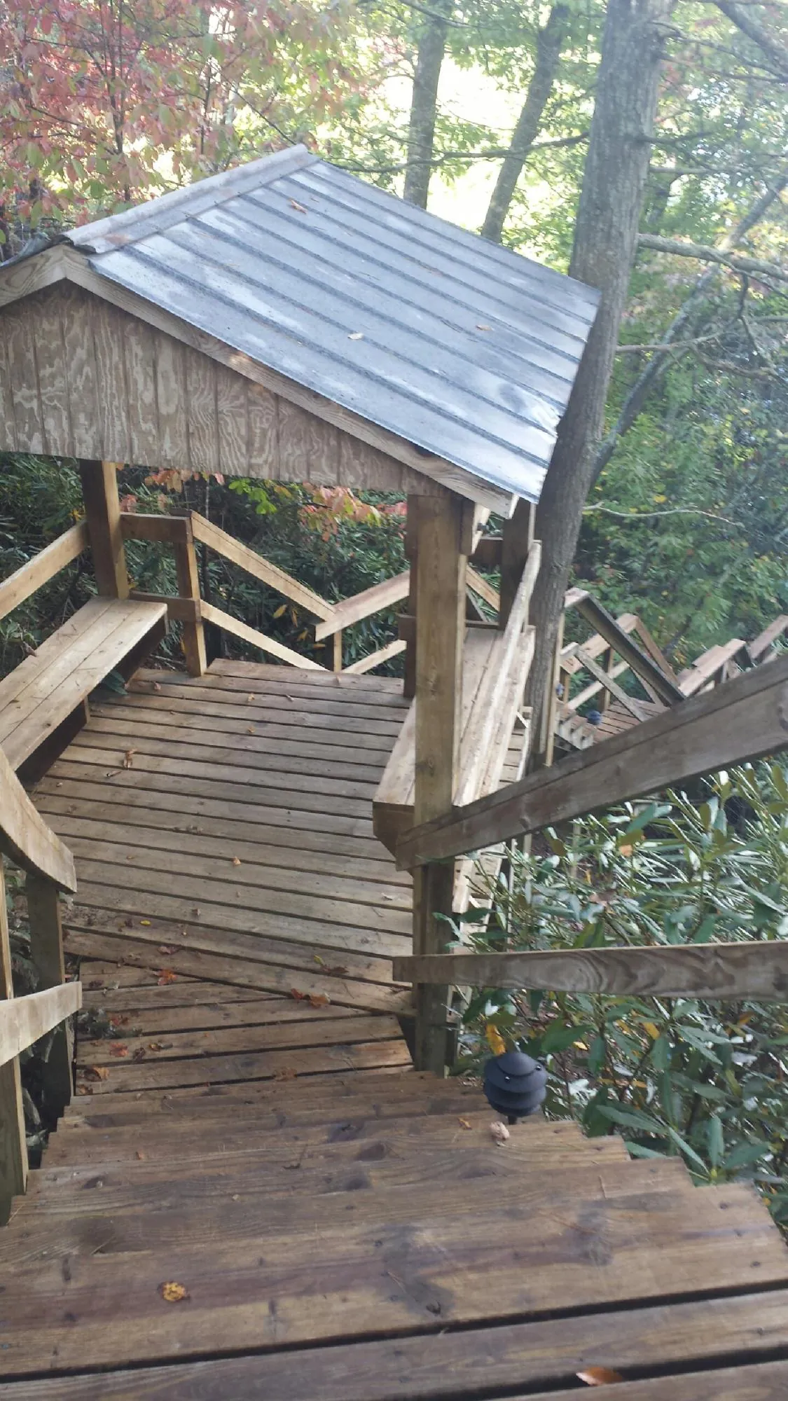 Metal roofed shelter over wooden steps on a wooded walkway — Skylight Repair & Installation work by our crew in Cookeville